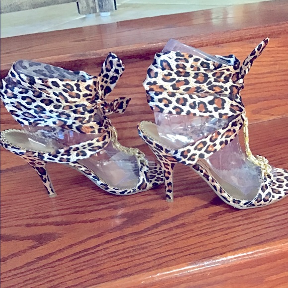 Ellie Leopard Print Tie-Up The Leg Sandals With Rhinestone Chain Detail - Picture 2 of 12